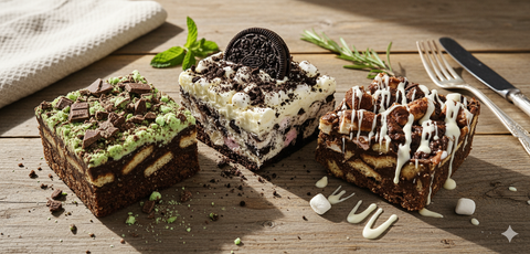 Chocolate biscuit cake box with mint biscuit slice, Oreo rocky road, and white chocolate drizzle slice. Handmade by Hannah’s Kitchen Cork