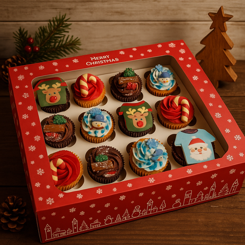 Christmas cupcake gift box by Hannah’s Kitchen, featuring festive designs with reindeer, Santa, snowmen, and candy canes, perfect for holiday celebrations in Ireland