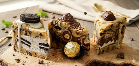 Cookie Pie Box with Oreo cookie pie, Ferrero Rocher cookie pie, and Kinder cookie pie slices. Handmade by Hannah’s Kitchen Cork