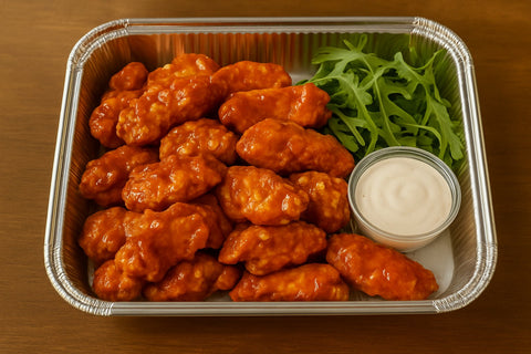 Buffalo chicken wings in catering tray with fresh rocket leaves and dip from Hannah’s Kitchen Cork.