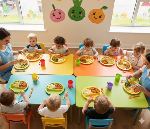 Hannah's Kitchen catering in Cork providing healthy crèche dinners. Young children sitting at colorful tables enjoying balanced meals with pasta, vegetables, and rice