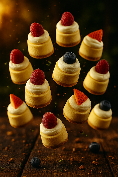 Assorted mini cheesecakes topped with raspberries, blueberries, and strawberries. Handmade by Hannah’s Kitchen Cork