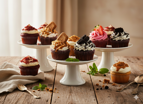 Cupcake display with assorted flavours including red velvet, Biscoff, Oreo, strawberry, and caramel. Presented on white cake stands by Hannah’s Kitchen Cork