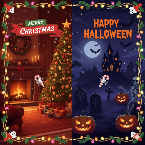 Festive Christmas and Halloween promo design by Hannah’s Kitchen Cork, featuring a cozy Christmas tree with gifts and a spooky Halloween night scene with pumpkins and skeletons