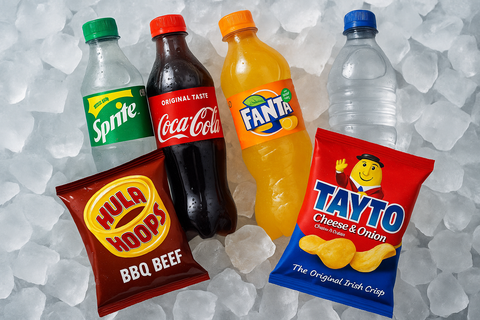 Sprite, Coca-Cola, Fanta, and bottled water with Tayto Cheese & Onion crisps and Hula Hoops BBQ Beef on ice – office catering add-ons by Hannah's Kitchen Cork