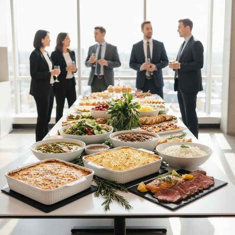Corporate catering spread by Hannah’s Kitchen in Cork, featuring international and premium selections including lasagne, cottage pie, chicken curry, roast beef, salmon, salads, and desserts, styled for business events and private parties
