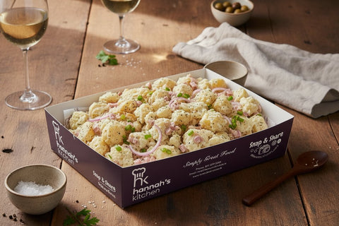 Creamy baby potato salad with red onion and chives in Hannah’s Kitchen branded box – Cork catering and delivery