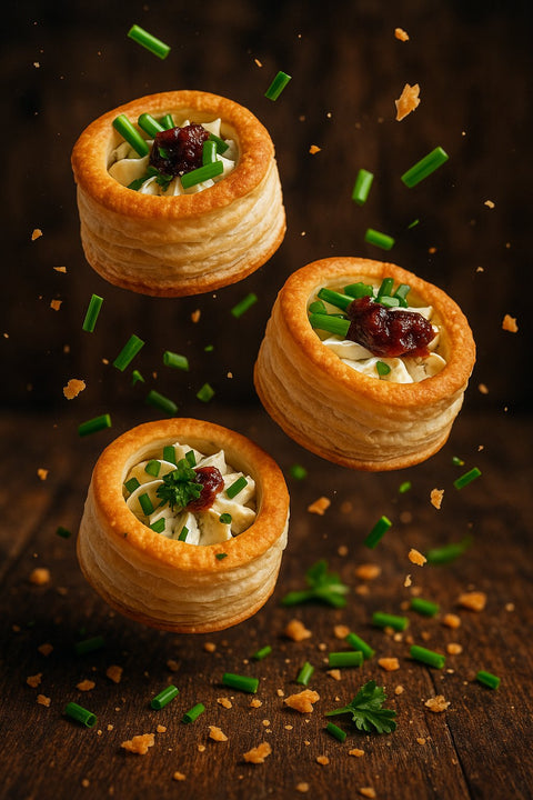 Blue cheese bouchee pastry with herbs and garnish – Hannah’s Kitchen Cork canapés