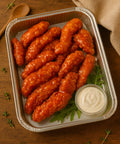 Buffalo style chicken goujons from Hannah’s Kitchen Cork – crispy chicken with buffalo sauce and blue cheese dip.”