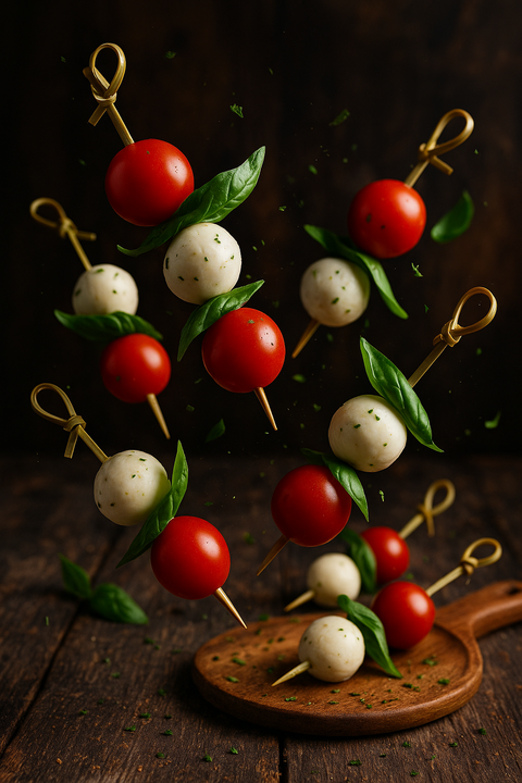 Caprese skewers with cherry tomatoes, mozzarella balls, and fresh basil leaves. Handmade by Hannah’s Kitchen Cork