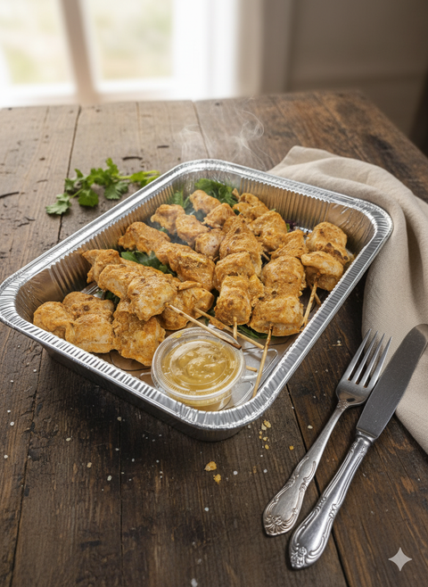 Tray of chicken satay skewers served with peanut dipping sauce. Handmade by Hannah’s Kitchen Cork