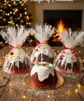Handmade chocolate biscuit Christmas pudding wrapped with festive ribbon and snowflake packaging from Hannah’s Kitchen in Cork