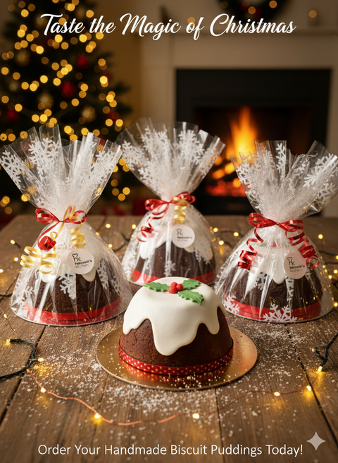 Handmade chocolate biscuit Christmas pudding wrapped with festive ribbon and snowflake packaging from Hannah’s Kitchen in Cork