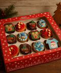 Christmas cupcake gift box by Hannah’s Kitchen, featuring festive designs with reindeer, Santa, snowmen, and candy canes, perfect for holiday celebrations in Ireland