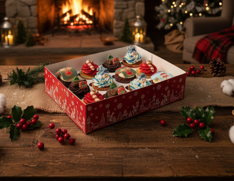 Festive Christmas cupcakes from Hannah’s Kitchen displayed in a rustic holiday scene with a fireplace, holly, and seasonal decorations.