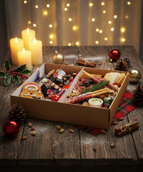 Festive Christmas grazing box with artisan meats, cheeses, crackers, and holiday treats on a rustic wooden table, styled with candles, holly, and fairy lights – Hannah’s Kitchen Cork
