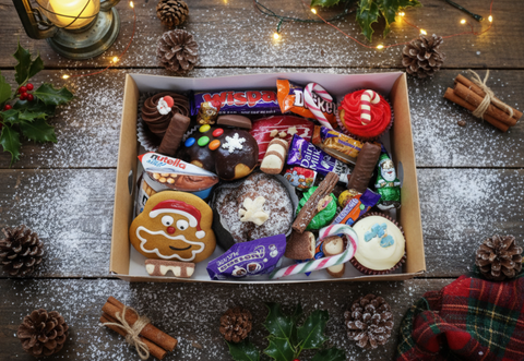 Hannah's Kitchen Christmas selection box filled with festive treats including cupcakes, gingerbread, chocolates, and candy canes, styled on a rustic wooden table with holiday decorations