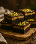 Luxury Dubai chocolate brownies topped with pistachios and layered with creamy filling. Handmade by Hannah’s Kitchen Cork