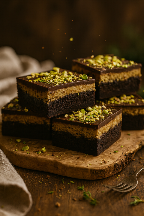 Luxury Dubai chocolate brownies topped with pistachios and layered with creamy filling. Handmade by Hannah’s Kitchen Cork
