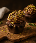 Luxury Dubai chocolate cupcakes topped with rich chocolate buttercream, pistachio crumbs, and golden drizzle. Handmade by Hannah’s Kitchen Cork