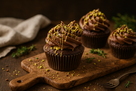 Luxury Dubai chocolate cupcakes topped with rich chocolate buttercream, pistachio crumbs, and golden drizzle. Handmade by Hannah’s Kitchen Cork