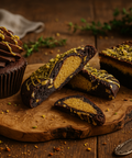 Dubai Dessert Box featuring a chocolate pistachio cupcake, stuffed cookie, and brownie slice with pistachio topping. Handmade by Hannah’s Kitchen Cork