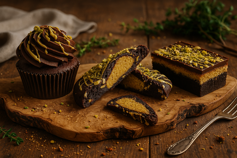 Dubai Dessert Box featuring a chocolate pistachio cupcake, stuffed cookie, and brownie slice with pistachio topping. Handmade by Hannah’s Kitchen Cork
