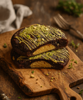 Freshly baked Dubai stuffed chocolate cookies with a rich chocolate shell, soft vanilla centre, topped with pistachio crumbs and drizzled with white chocolate. Handmade by Hannah’s Kitchen Cork