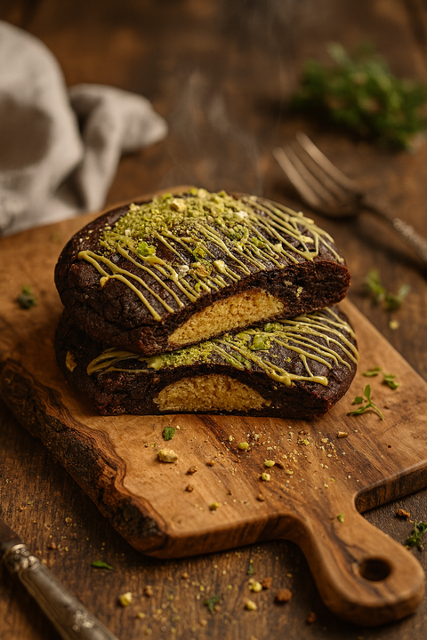 Freshly baked Dubai stuffed chocolate cookies with a rich chocolate shell, soft vanilla centre, topped with pistachio crumbs and drizzled with white chocolate. Handmade by Hannah’s Kitchen Cork