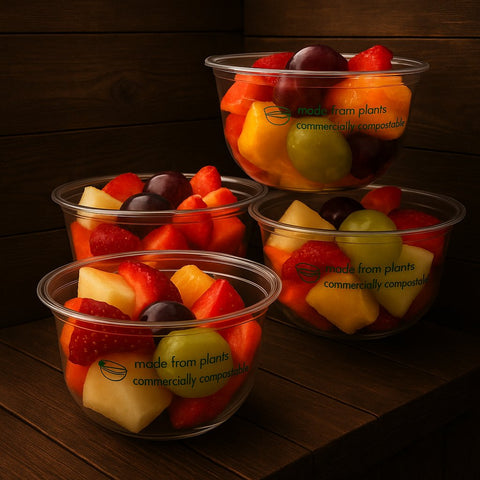 Fresh fruit salad cups with grapes, melon, strawberries and pineapple in compostable containers from Hannah’s Kitchen Cork.