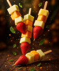 Fresh fruit skewers with strawberries, melon, and honeydew. Handmade by Hannah’s Kitchen Cork