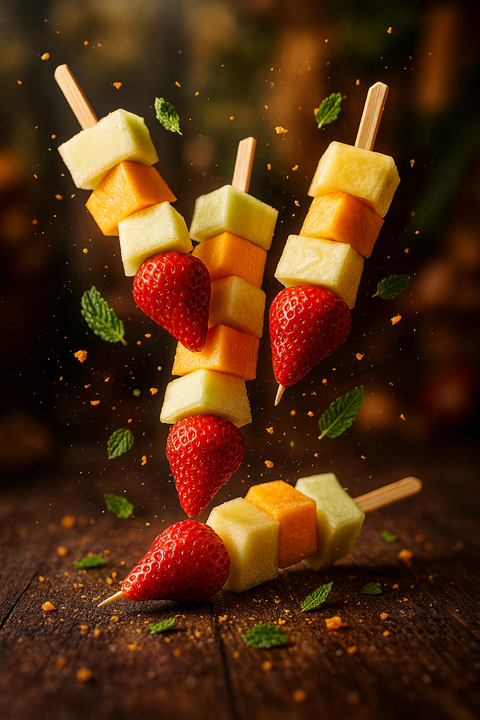 Fresh fruit skewers with strawberries, melon, and honeydew. Handmade by Hannah’s Kitchen Cork