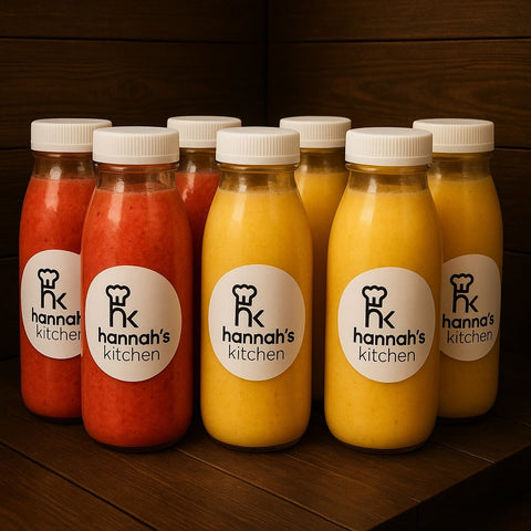 Fresh fruit smoothies from Hannah’s Kitchen Cork – handmade mango and strawberry smoothies in glass bottles with logo