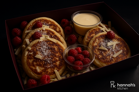 Fluffy gourmet pancakes with fresh raspberries, white chocolate shavings, and dipping sauce. Handmade by Hannah’s Kitchen Cork