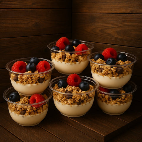 Granola yogurt breakfast cups topped with fresh blueberries and raspberries from Hannah’s Kitchen Cork.