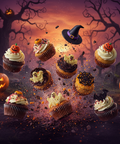 Halloween cupcakes falling through a spooky graveyard scene with pumpkins, ghosts, spider webs, and witch hats, styled for Hannah’s Kitchen in Cork, Ireland