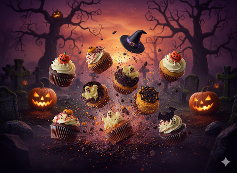 Halloween cupcakes falling through a spooky graveyard scene with pumpkins, ghosts, spider webs, and witch hats, styled for Hannah’s Kitchen in Cork, Ireland