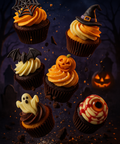 Close-up of Halloween-themed cupcakes decorated with ghosts, pumpkins, spider webs, bats, witch hats, and an eyeball, captured in a dramatic food photography style
