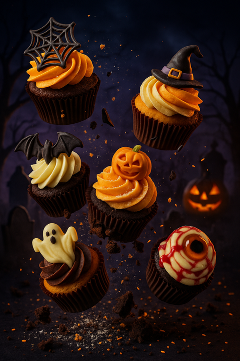 Close-up of Halloween-themed cupcakes decorated with ghosts, pumpkins, spider webs, bats, witch hats, and an eyeball, captured in a dramatic food photography style