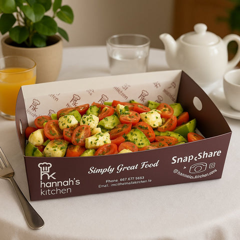 Caprese-inspired avocado salad with cherry tomatoes, mozzarella, and herbs in Hannah’s Kitchen catering box – Italian-style catering in Cork
