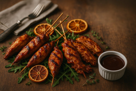 BBQ chicken skewers glazed with rich sauce, served with fresh herbs and orange slices – Hannah’s Kitchen catering Cork.