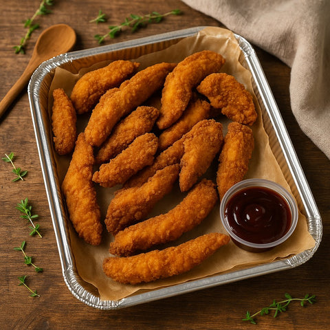 Golden crispy chicken goujons with barbecue dip in foil catering tray from Hannah’s Kitchen Cork.