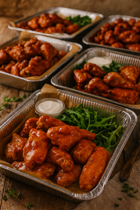 Buffalo chicken wings in catering trays with fresh rocket leaves and dip from Hannah’s Kitchen Cork.