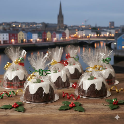 Handmade chocolate biscuit Christmas puddings from Hannah’s Kitchen Cork, wrapped with festive ribbon and icing, perfect for home celebrations and corporate Christmas gifts