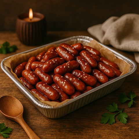 Cocktail sausages with sesame seeds in catering tray from Hannah’s Kitchen Cork.