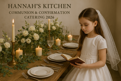 Communion and Confirmation catering in Cork by Hannah's Kitchen. A young girl in her white Communion dress sits at a rustic wooden table decorated with candles, flowers, greenery, and elegant tableware.