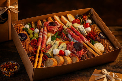 Luxury grazing box with Irish and Italian meats, artisan cheeses, crackers, grapes, and bread — handcrafted by Hannah’s Kitchen Catering Cork