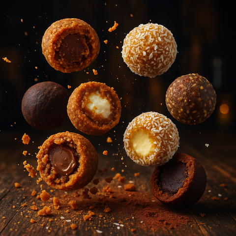 Hannah’s Kitchen Catering Cork – Bite sized Lemon & Coconut Cheesecake balls with soft cheese centre, Chocolate Brownie balls with soft chocolate ganache centre coated in cocoa powder, Caramelised Biscuit Cheesecake balls rolled in biscuit crumb, and Carrot Cake balls filled with soft icing centre