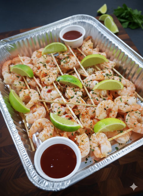 Catering tray of prawn skewers with lime wedges and chili dipping sauce, ready for events – Hannah’s Kitchen catering Cork