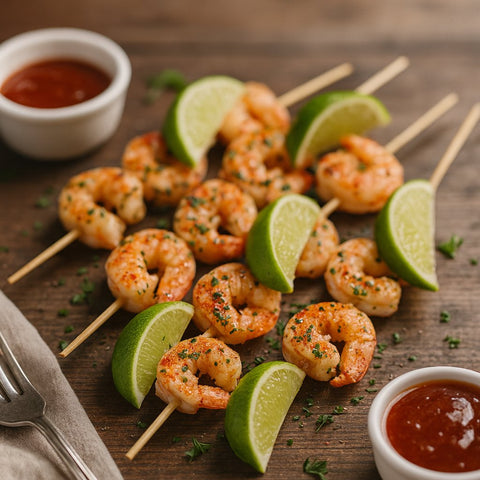 Grilled prawn skewers with lime wedges and dipping sauce, styled on rustic wooden table – Hannah’s Kitchen catering Cork
